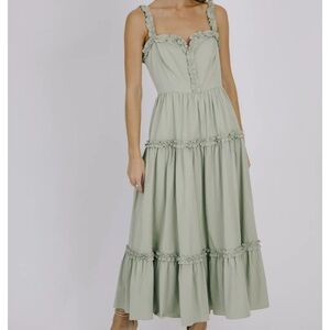 NEW Sage Monochromatic Ruffled Trim Midi Dress